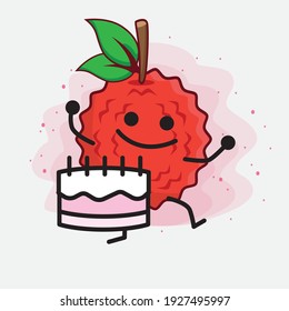 Vector Illustration of Lychee Fruit Character with cute face, simple hands and leg line art on Isolated Background. Flat cartoon doodle style.