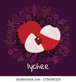 vector illustration of lychee fruit on pattern and abstract background with leaves, fruits and berry for organic healthy food packaging, natural cosmetics, vegetarian, vegan products. lychee label.