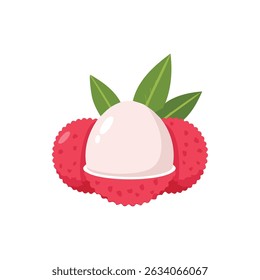 Ilustração vetorial de Lychee com pele vermelha e folhas verdes no fundo branco.