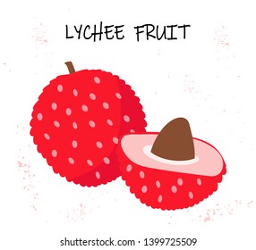 Vector illustration of lychee - tropical fruit. Two fruits - one whole and one cut. Modern flat style. Summer food. 