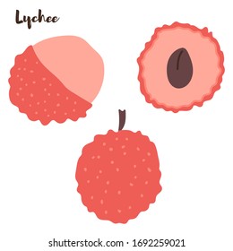 Vektorgrafik von Lychee - tropische Früchte. Zwei Früchte - ein Ganzes und ein Schnitt. Moderner, flacher Stil. Sommerfutter.