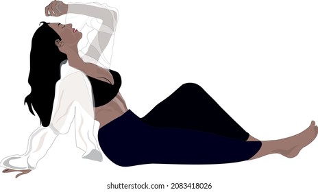 Vector illustration lying girl, woman model lying.  Isolated illustration woman fation. Girl lay in pose. long hair model