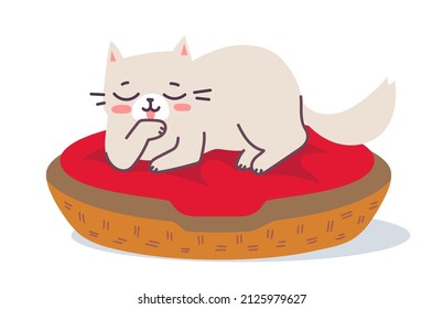 Vector illustration of lying happy cat character on red pillow in basket on white color background. Flat line art style design of cleaning and relaxing cute animal cat for web, greeting card, banner