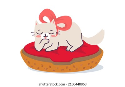 Vector illustration of lying happy cat character with bow on red pillow in basket on white color background. Flat line art style design of cleaning and relaxing cute animal cat for web, greeting card