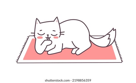 Vector illustration of lying happy cat character on red carpet on white color background. Flat line art style design of cleaning and relaxing cute animal cat for web, greeting card, banner