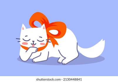 Vector illustration of lying happy white cat character with red bow on color background. Flat line art style design of cleaning cute animal cat for web, greeting card, banner