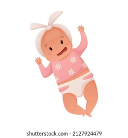 Vector illustration of a lying newborn in a diaper. Cute little baby girl smiling.