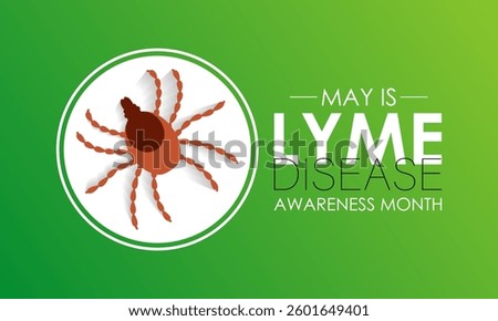 Vector illustration of lyme disease awareness month is observed every year in May. Promote measures to prevent tick bites. Green Realistic Ribbon and tick parasitic arachnid silhouette icon banner.