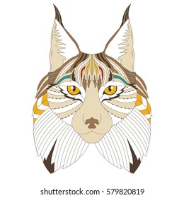 Vector illustration of the lynx, isolated. Artwork in ethnic and zentangle style. T-shirt, print, card, poster, tattoo design