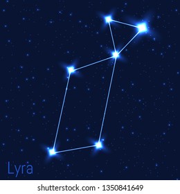 Vector illustration of Lyra constellation. Astronomical Lyre or harp. Cluster of realistic stars in the dark blue starry sky.