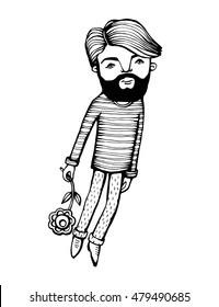 vector illustration of lyrical bearded man with a flower in flight. 
Line hand drawn art of hipster with flower