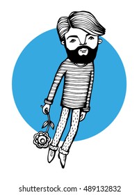 vector illustration of lyrical bearded man with a flower in flight. Line hand drawn art of hipster with flower on blue circle background