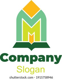 Vector illustration of an M letter logo template at the bottom of a book