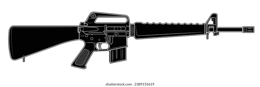 Vector illustration of M16 assault carbine. Black. Right side.