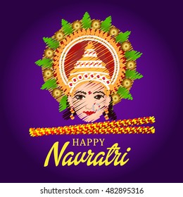 Vector illustration of Maa Durga and Dandiya Stick in a colourful background for Happy Navratri.