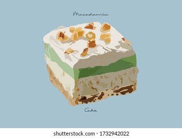 Vector Illustration of Macadamia Cake with White Chocolate, Coconut, and Pandan