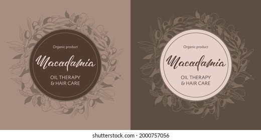 Vector illustration of macadamia with handwritten brush lettering. Logotype, label, banner, or poster template for products with essential oils or organic cosmetics. EPS10