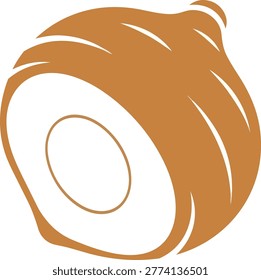 A vector illustration of a macadamia nut, cut in half to show the nut inside the shell. The illustration is in brown and white.