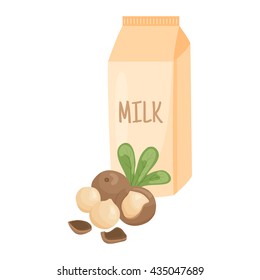 vector illustration of macadamia nuts with leaves and milk pack on isolated background