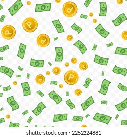 Ilustración vectorial de la moneda de Pataca Macanesa. Patrón aleatorio de billetes y monedas en color verde y oro sobre fondo transparente (PNG). 