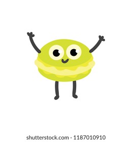Vector illustration of macaron cartoon character with smiling face in flat style - cute mascot of sweet baked pastry standing and raising hands up isolated on white background.