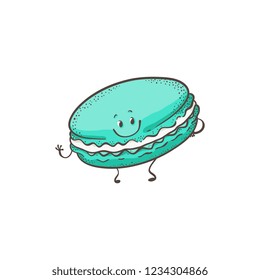 Vector illustration of macaron cartoon character with smiling face in sketch style - hand drawn cute mascot of sweet baked pastry standing and waving hand isolated on white background.