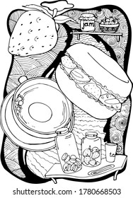 vector illustration macaroon with strawberries,a cup of tea,jars for storing cookies and berries on the shelf,doodle