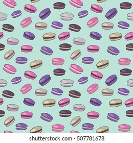 Vector illustration of macaroons set on green background seamless pattern
