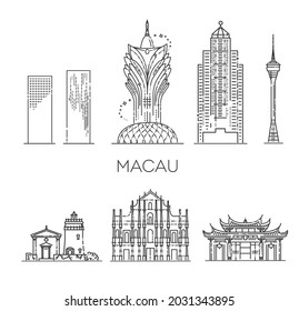 Ilustración vectorial. Ilustración de líneas de la arquitectura de Macao. Paisaje vectorial lineal con puntos de referencia famosos
