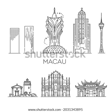 Vector illustration. Macau architecture line skyline illustration. Linear vector cityscape with famous landmarks