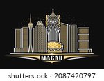 Vector illustration of Macau, dark horizontal poster with linear design famous macau city scape on dusk starry sky background, asian urban line art concept with decorative letters for white word macau