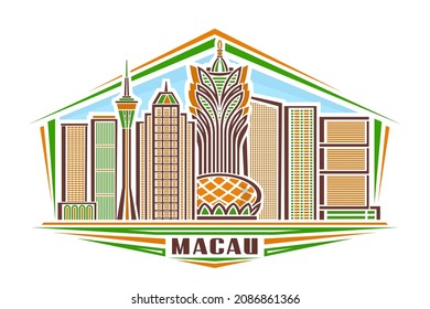 Ilustración vectorial de Macao, logo horizontal con diseño lineal famoso paisaje de macau en el cielo del día, concepto de arte de línea urbana asiática con letras decorativas para la palabra marrón macau en blanco