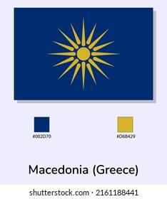 Ilustración vectorial de Macedonia (Grecia) aislada en fondo azul claro. Ilustración de la bandera de Macedonia (Grecia) con códigos de color. Lo más cerca posible del original.
