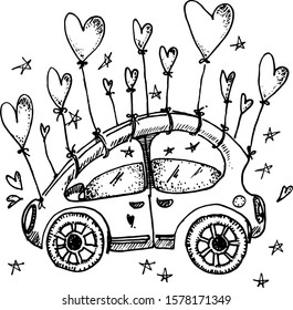 Vector illustration of a machine with balloons in the form of hearts. Ink sketch. Manual work. Great idea for postcard, calendar, holiday invitation, wrapping paper. Illustration for Valentine's Day