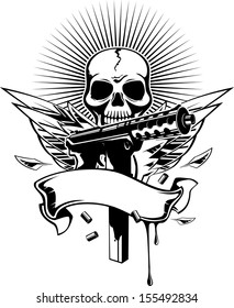 Vector illustration of a machine gun with skull and wings