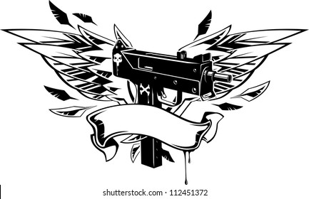 Vector illustration of a machine gun with wings and ribbon