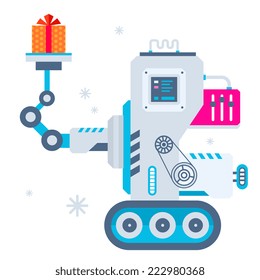 Vector illustration of the machine holds Christmas present. Color bright flat design for card, banner, poster, advertising, blog 