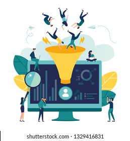 Vector illustration, machine learning management, big data analysis concept, digital marketing funnel, Lead generation with clients, marketing - Vector 