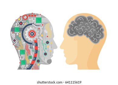 Vector illustration of machinery head of cyborg and the human one with the brain.