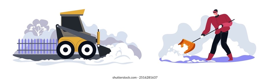 Vector illustration of machines and people removing snow outdoors. Flat, colorful design isolated on white background. Suitable for winter, outdoor work, and cold-weather content.