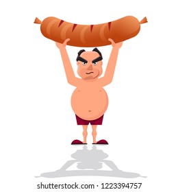Vector illustration of macho holding a giant sausage