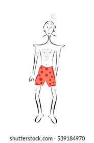 Vector illustration of macho man in red underpants. Funny man on white background. Dude man with mustache.