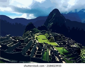 Vektorgrafik. Machu Picchu, Cusco, Peru: Allgemeines Panorama der verlorenen Inka-Stadt Machu Picchu, landwirtschaftliche Terrassen und Wayna Picchu, Gipfel im Hintergrund