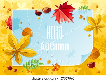 Vector illustration of macro autumn forest background with blue paper, falling leaves, rowan berry, chestnuts, maple and linden leaf, spider net with dew drops. Abstract modern concept with copy space