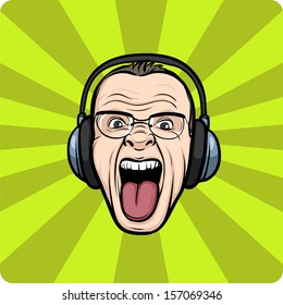 Vector illustration of Mad face sticking tongue with headphones. Easy-edit layered vector EPS10 file scalable to any size without quality loss. High resolution raster JPG file is included.