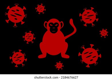 Vector illustration of mad monkey icon with virus cells. new Monkeypox 2022 virus - disease transmitted by monkey for design background