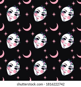 Vector illustration, mad pattern. White mask on a black background. Halloween.