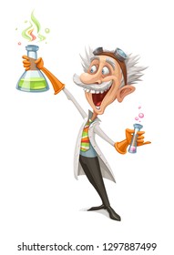 Vector Illustration of a Mad Scientist Holding a Test Tube and Making His Crazy Experiment.