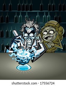 Vector illustration of a mad scientist and Igor experimenting with some sort of highly toxic or radioactive chemicals causing a fiery reaction.