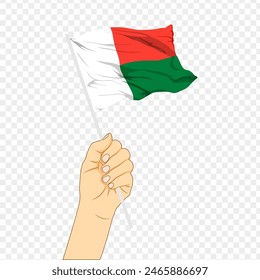 Ilustración vectorial de la bandera de Madagascar en la mano sobre fondo transparente